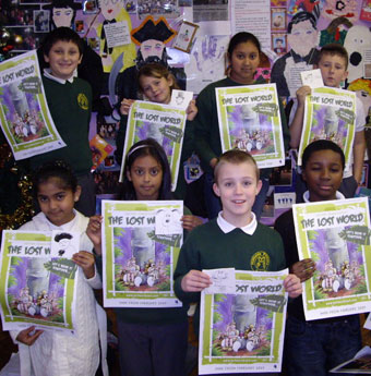 Pupils at Hillfields Primary, Bristol were among the first to receive publicity posters for the Lost World Read 2009. They are looking forward to taking part in the project. Alongside the posters, they are holding thank you cards from Simon Gurr, illustrator of Darwin: the graphic biography, for their help in the 2008 Great Reading Adventure: The Bristol Story.