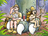 Illustration of Wallace & Gromit sat on a dinosaur foot reading the 'A-Z of Lost Worlds' (Aardman Animations - www.aardman.com)