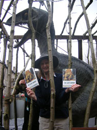 The Wookey Hole roaring dinosaur launches the Lost World Read in North Somerset outside Weston-super-Mare Library.